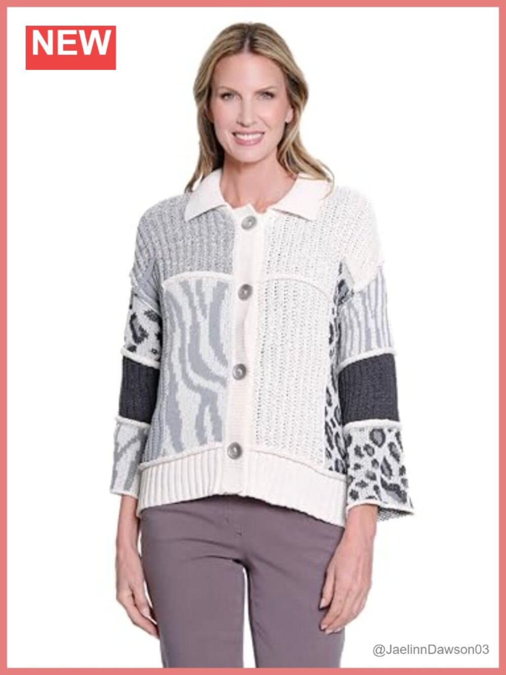 Women's Multi-Patch Sweater Cardigan 3/4 Sleeve Drop Shoulder Button Placket